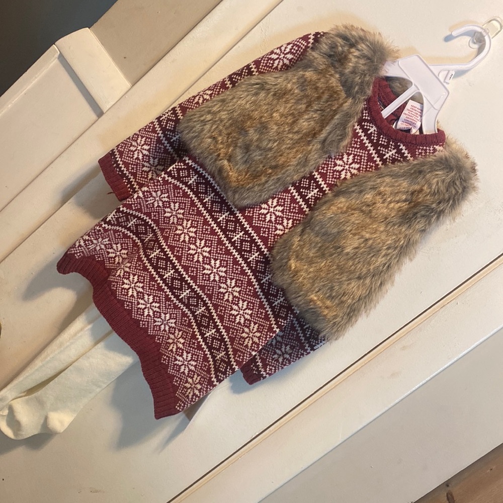 Girls Maroon Sweater Dress with fur Vest